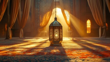 Sunlit Mosque Interior With Ornate Lantern