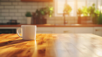 Fototapeta premium white coffee mug sits on wooden countertop in sunlit kitchen, surrounded by greenery, creating warm and inviting atmosphere