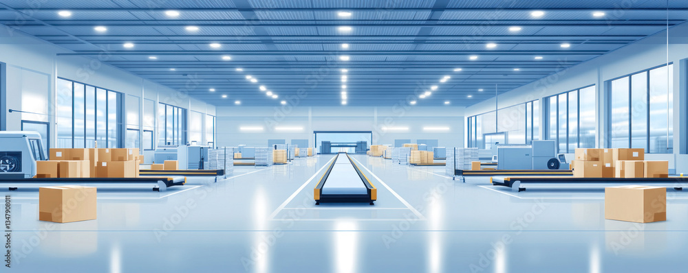 Poster a large warehouse with a conveyor belt in the middle. the conveyor belt is surrounded by boxes and c