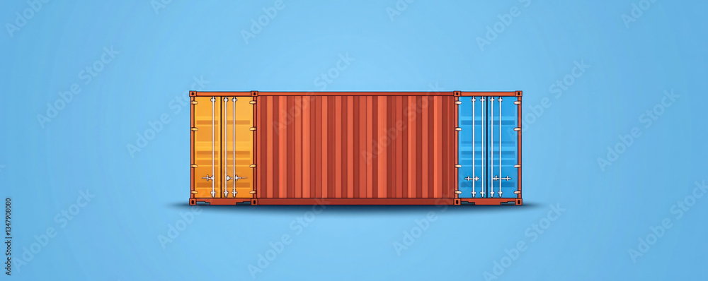 Poster a large container with a blue and red door is displayed on a blue background. the container is desig