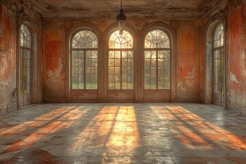 Fototapeta premium Ornate room bathed in sunlight through arched windows.