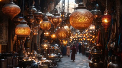 Illuminated Metal Lanterns Hanging In A Market