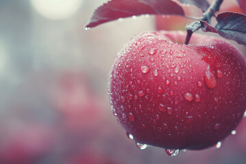Red apple glistens with water droplets.