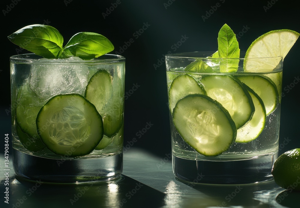 Poster refreshing summer beverage with cucumber slices and fresh basil leaves in two glasses with ice cubes