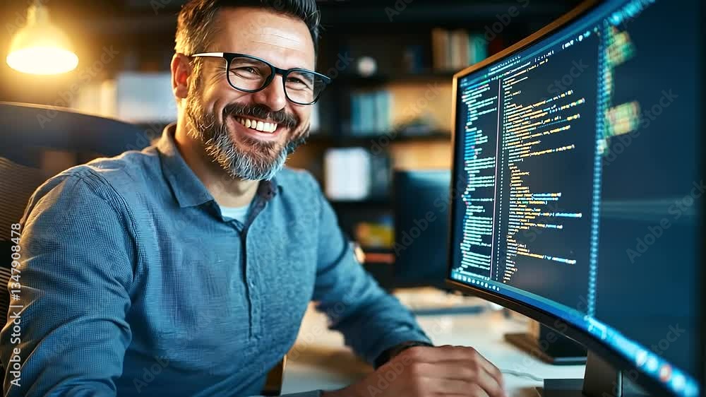Poster elderly developer enthusiastically working on cybersecurity code in a well-lit office setting.