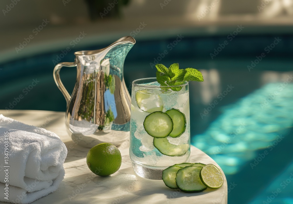 Poster refreshing summer beverage with cucumber slices and mint leaves, set against a sparkling poolside ba