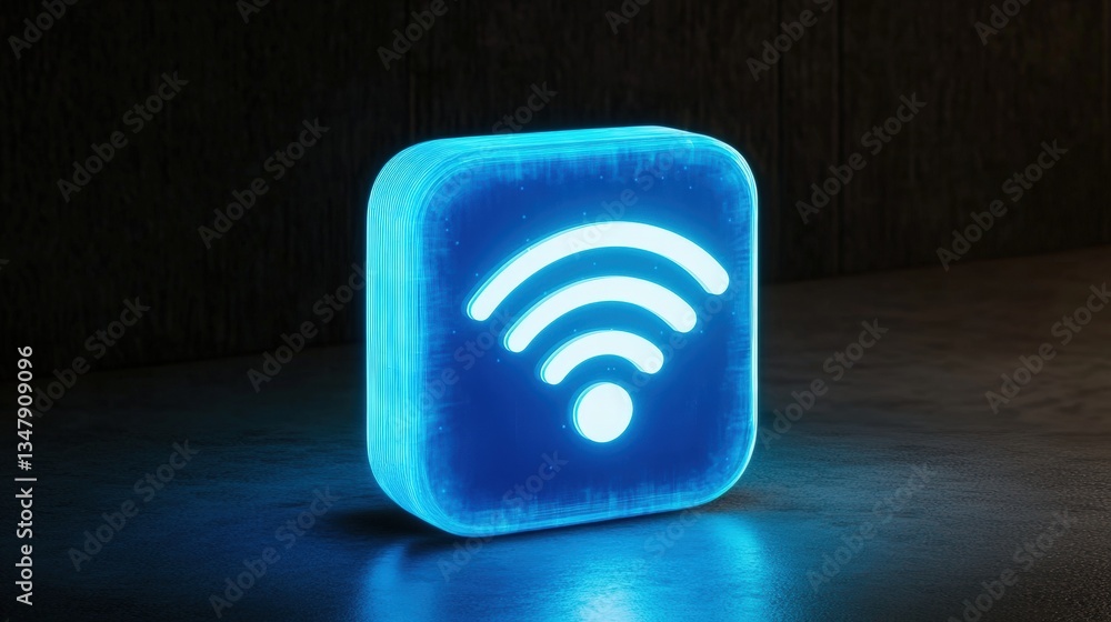 Poster glowing blue square wireless internet signal icon on dark surface with dark wooden background creati