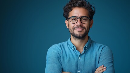 Obraz premium Confident young professional wearing glasses and a blue shirt, standing against a solid background with a warm smile