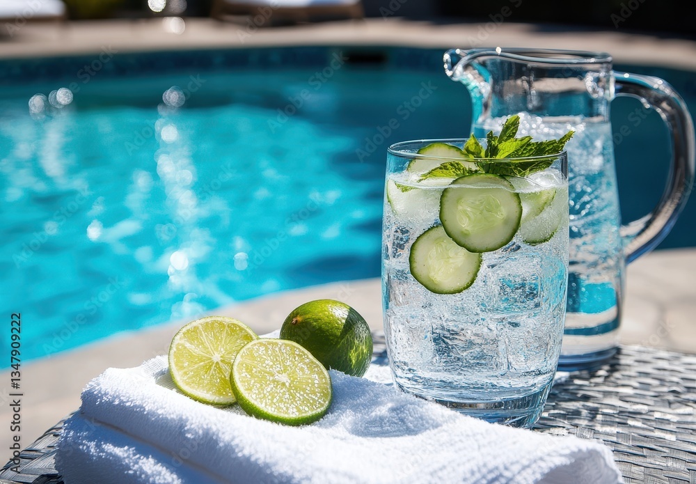 Poster refreshing summer drink with lime and cucumber slices by a poolside setting with sparkling water and