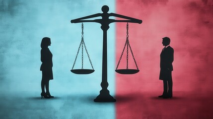 Gender Equality Concept:  Silhouettes of a Man and Woman Facing Scales of Justice, Representing Fair Treatment and Equal Rights in Law