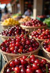 Fresh Sweet Cherries in Baskets, Farmers Market Display, Local Produce Concept, for Healthy Eating, Farm-to-Table & Food Shopping Ads