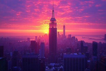 Fototapeta premium New York City skyline at sunset, purplish tones.
