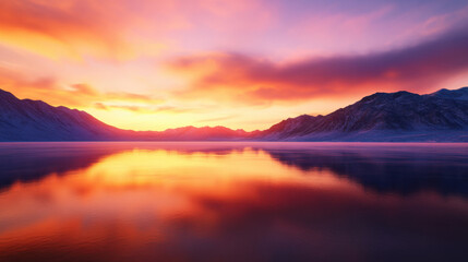 stunning sunrise over frozen lake, with vibrant colors reflecting on icy surface and mountains in background, creating serene and peaceful atmosphere