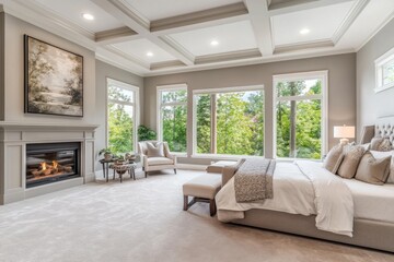 Luxurious bedroom with fireplace and large windows overlooking nature