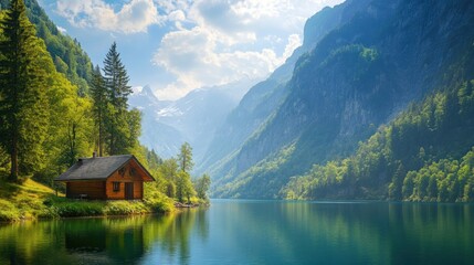Fototapeta premium Picturesque alpine chalet by a serene lake nestled amidst majestic mountains. Lush greenery surrounds the tranquil scene