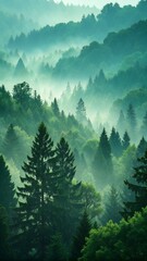 Fototapeta premium Misty Forest Hills with Vibrant Green Trees, Perfect for a Dreamy Scenic Landscape