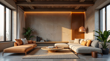Elegant minimalist living room with warm wood tones, neutral sofas, natural light, and cozy decor. Aesthetic interior with a modern design, perfect for home inspiration and Zoom backgrounds.