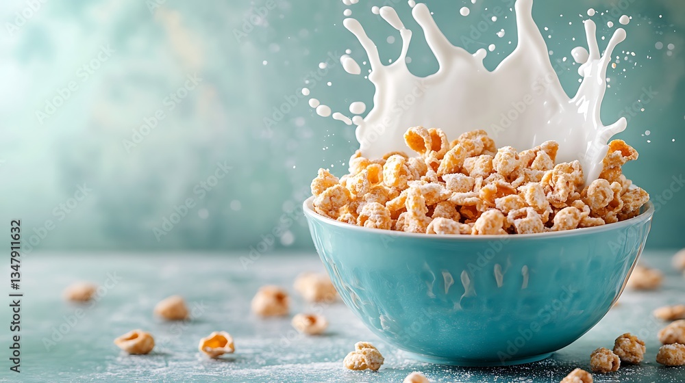 Poster A Bowl of Crunchy Cereal with Milk Splashing on the Right Side, Perfectly Framed with a Blurred Background Space for Text or Design Use