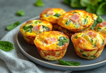 Savory Spinach and Ham Egg Muffins in a Round Grey Plate Surrounded by Fresh Green Spinach on a Textured Background