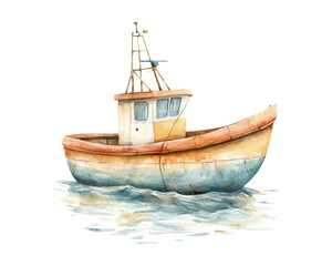 Vintage Style Fishing Boat on Calm Waters in Watercolor Illustration
