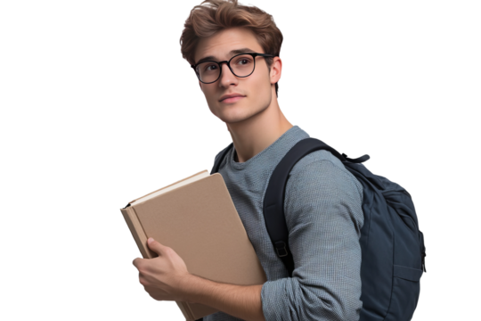Young handsome male student with backpack and holding a book, wearing eyeglasses, isolated transparent background