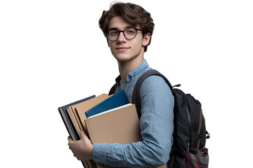 Young handsome student holding books with a backpack, wearing a glasses, isolated on transparent background