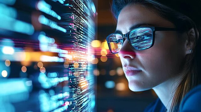 A cybersecurity expert interacts with a futuristic holographic interface in a modern office setting.