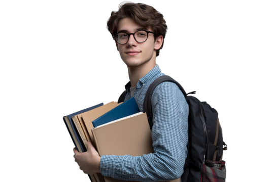 Young handsome student holding books with a backpack, wearing a glasses, isolated on transparent background