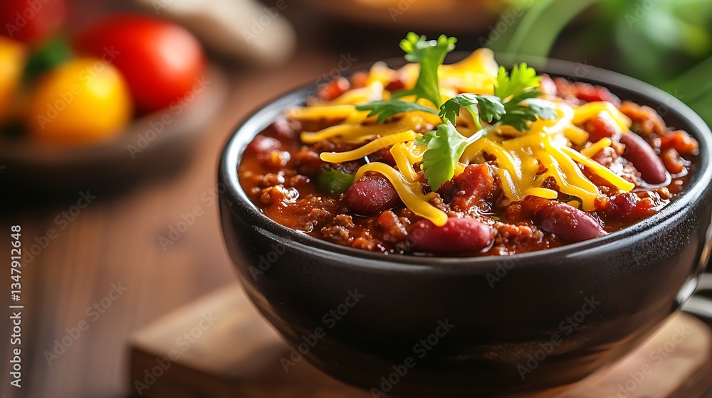 Poster hot chili served in a bowl with melted cheese on top, positioned to the right with a soft-focused ba