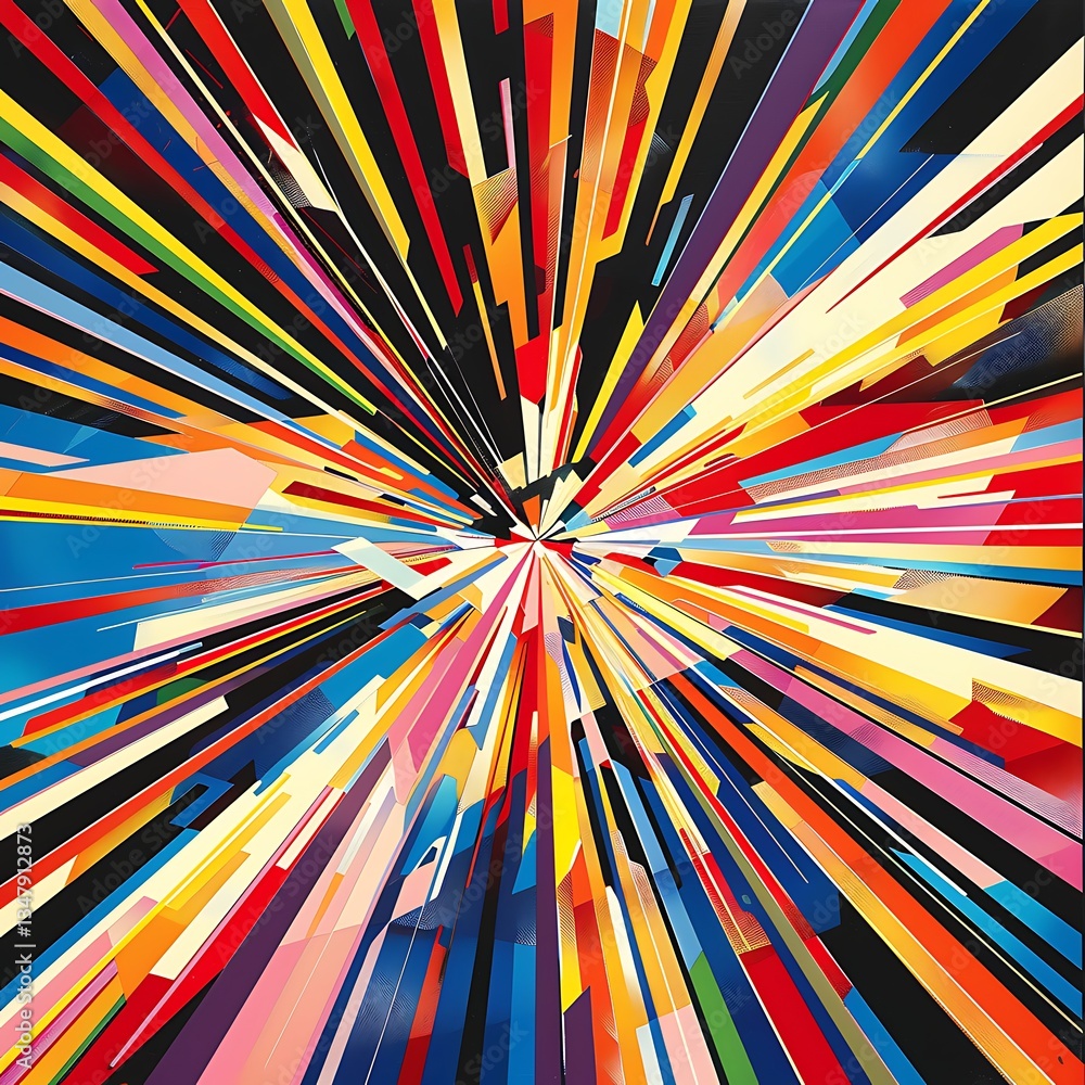 Poster abstract colorful explosion of geometric lines radiating dynamically from a central point. vibrant, 