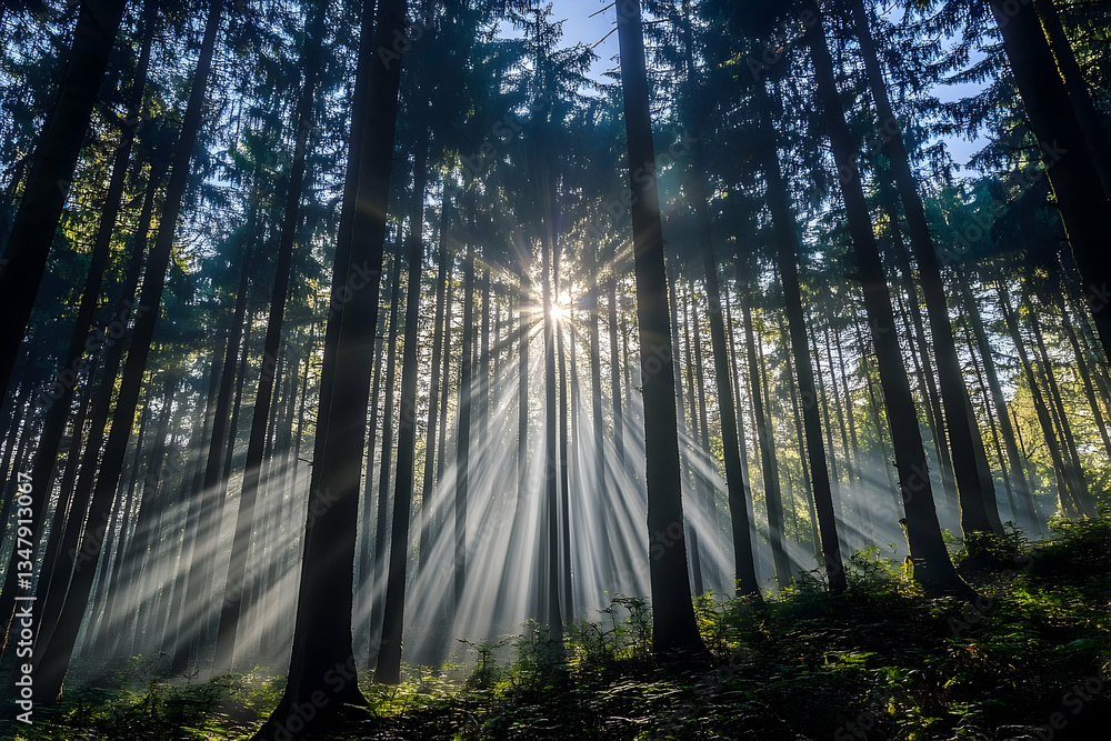Poster sunburst forest: ethereal light filtering through towering evergreen trees