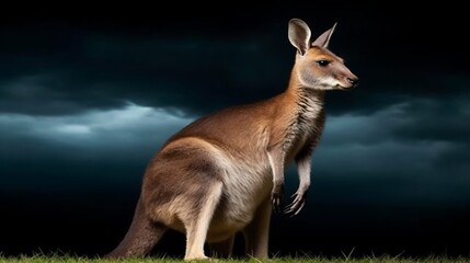 Fototapeta premium Wide angle shot of Agile Wallaby standing edge of vast open plain distant storm brewing sky behind dramatic lighting enhancing mood of image contrast between dark sky wallaby's figure creates stark