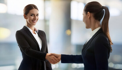 Two Businesswomen Shaking Hands in a Corporate Setting