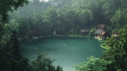 Fototapeta premium Serene lake nestled in a lush forest during a gentle rain shower. Wooden cabins huddle along the water's edge