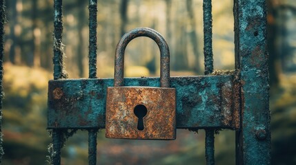 Rusty Lock on a Weathered Gate in a Mysterious Forest