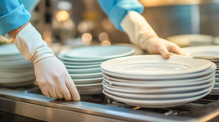 Washing dishes in a restaurant kitchen with focus on stacking clean plates