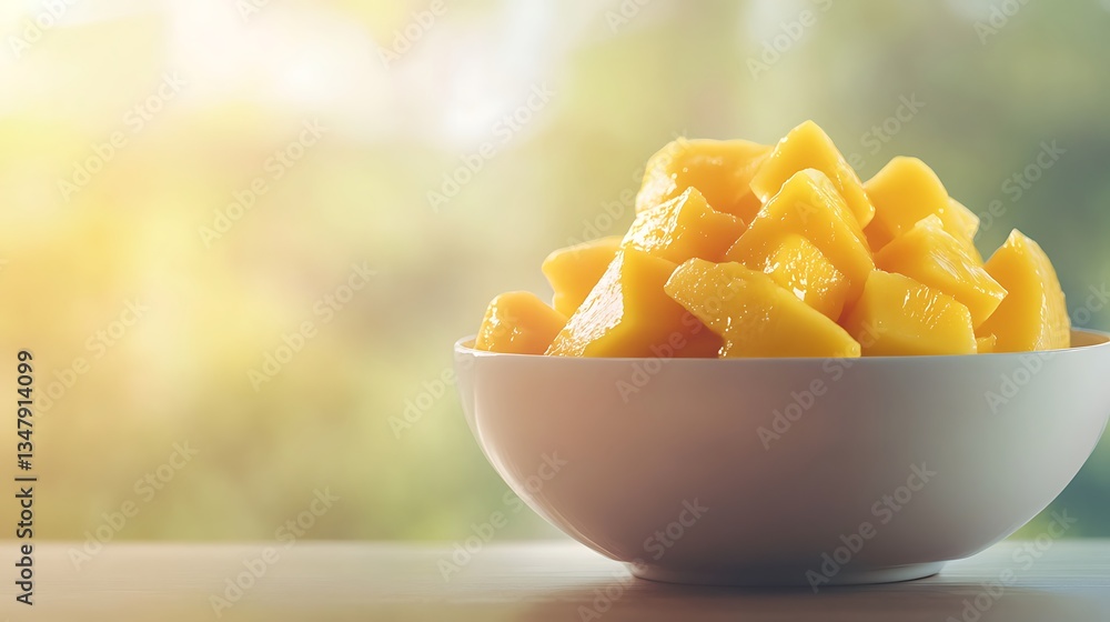 Poster a delicious bowl of sweet mango sticky rice served on the right side with a blurred background perfe