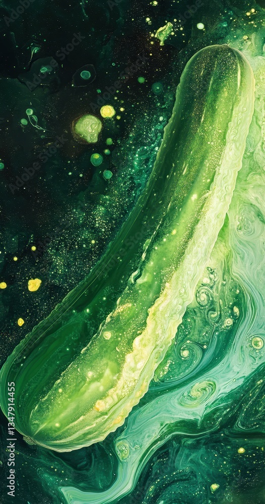Poster vibrant abstract background with a fresh cucumber surrounded by bright green and yellow swirls in a 