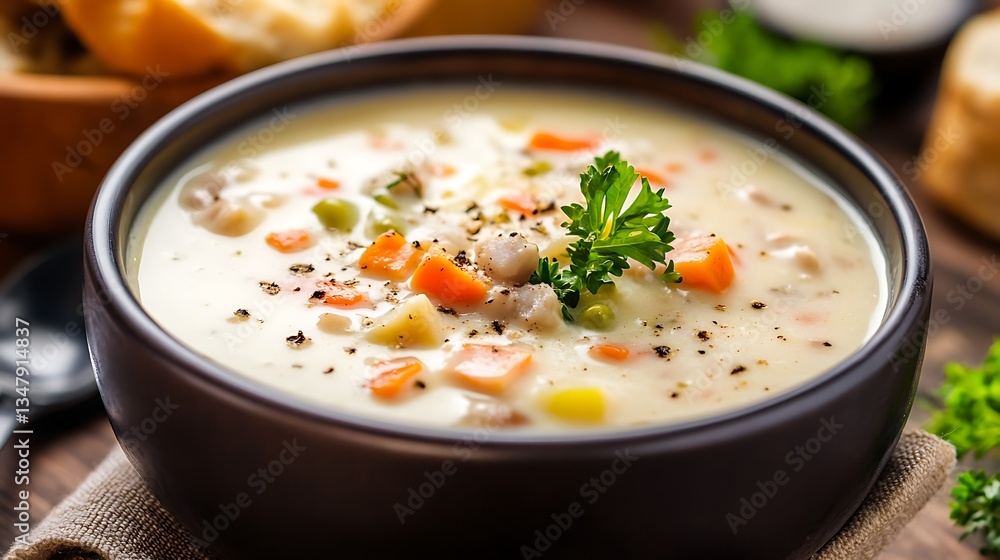 Poster a thick and creamy bowl of chowder soup placed neatly on the right side with a soft-focus background