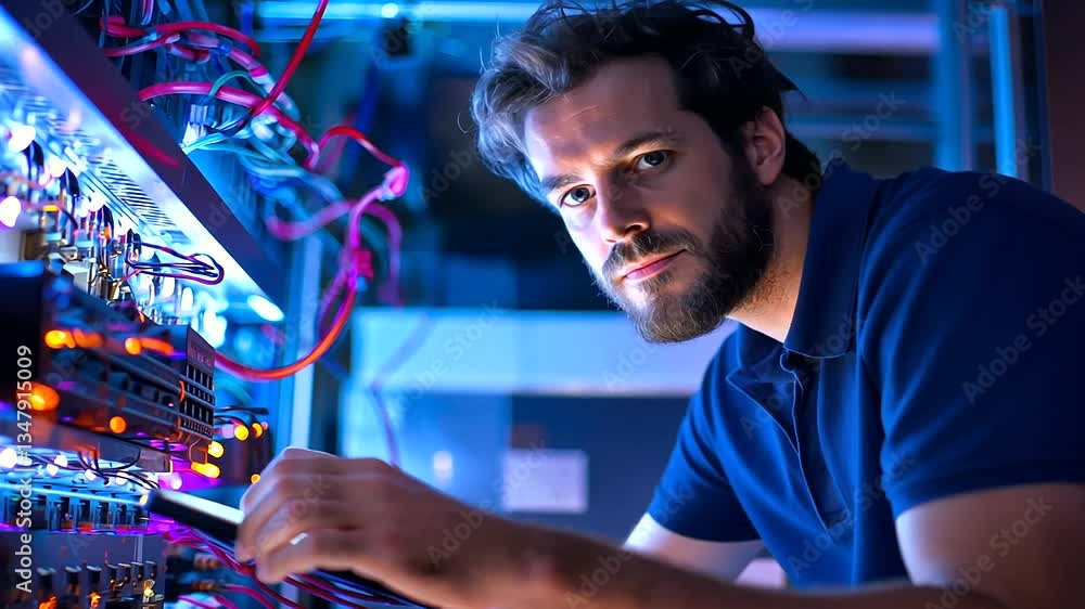 Poster an engineer meticulously upgrades software amidst the ambient glow of a dimly lit data center.