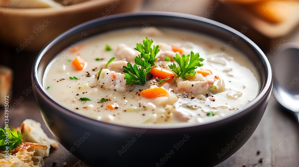 Poster a thick and creamy bowl of chowder soup placed neatly on the right side with a soft-focus background