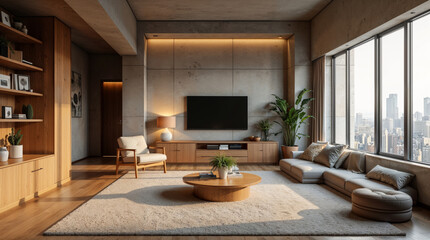 Luxury loft-style living room with city skyline view, warm wood tones, soft lighting, and modern decor. Cozy and elegant, ideal for interior inspiration and Zoom backgrounds.