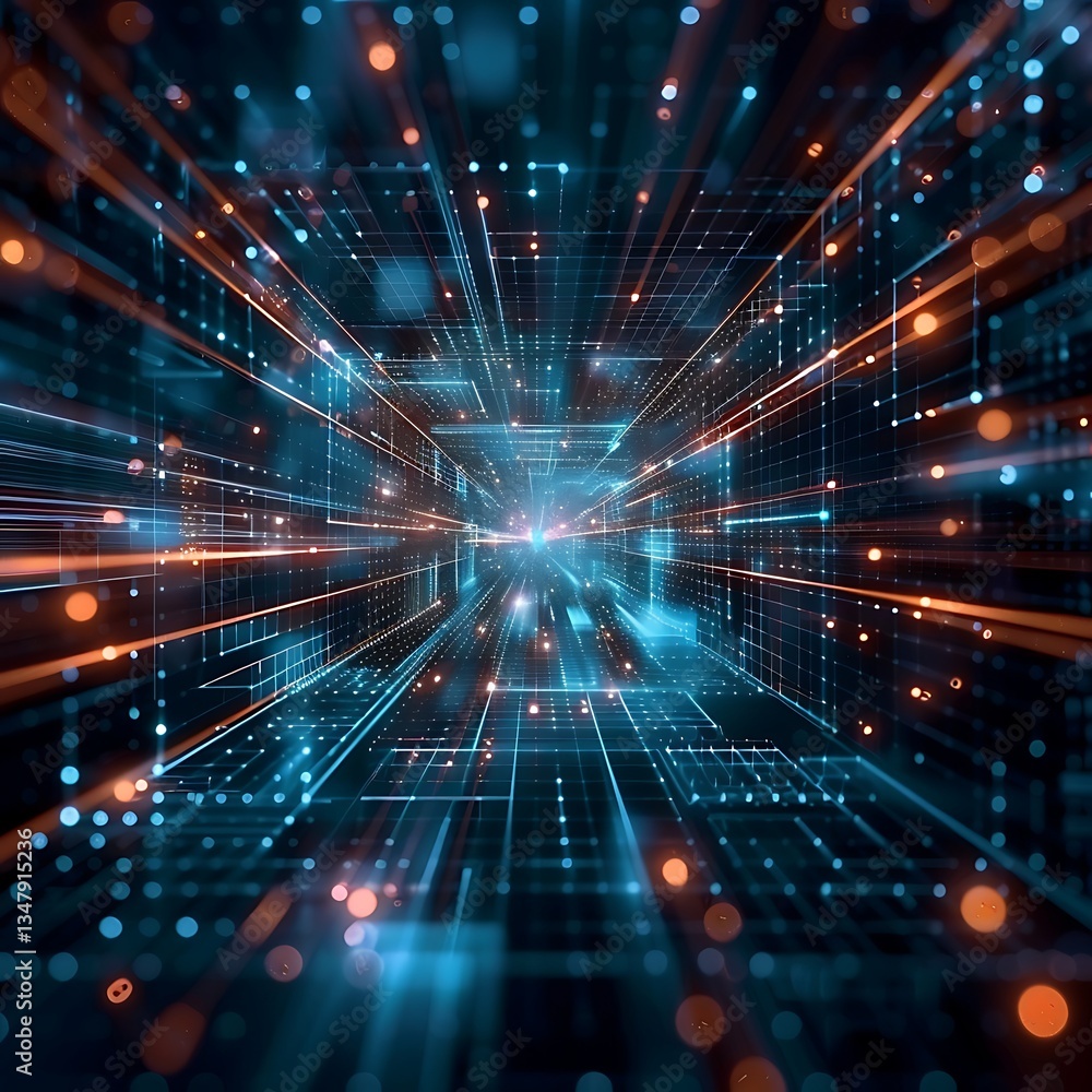 Poster perspective view into a futuristic digital tunnel with glowing blue grid lines, orange data nodes, a