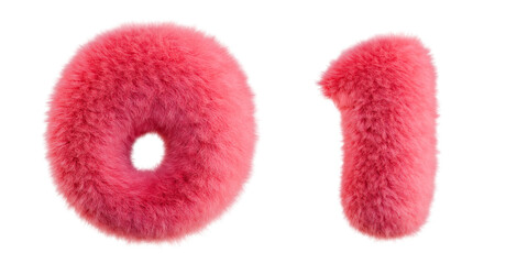 Pink Fur 0-1 numbers. Isolated on transparent background