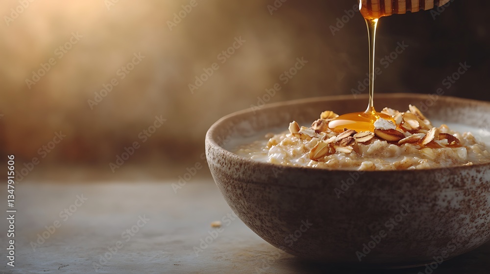 Poster a warm bowl of cinnamon oatmeal with honey drizzle on the right side, with a blurred background that