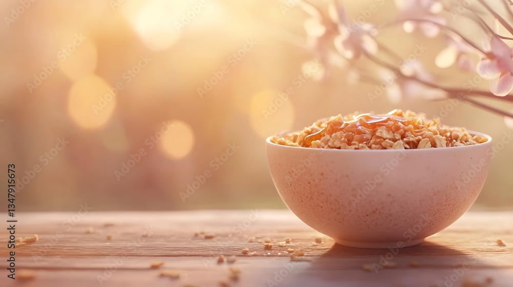 Poster a warm bowl of cinnamon oatmeal with honey drizzle on the right side, with a blurred background that