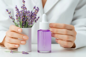 Woman presents lavender essential oil and fresh lavender flowers