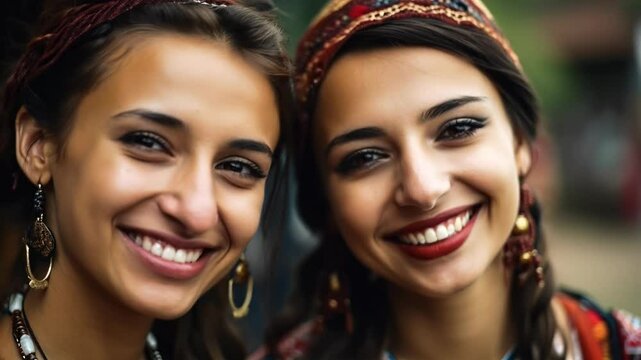 Smiling central asian young women looking at the camera.