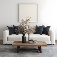 Modern minimalist living room couch, neutral decor, empty frame, home design