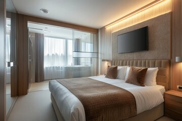 An elegant modern bedroom with a king sized bed and television